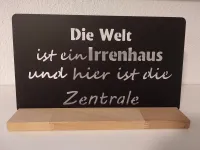 BSB Design Schild Alu schwarz | Die Welt ist ein Irrenhaus und hier ist die Zentrale | mit Holzso...